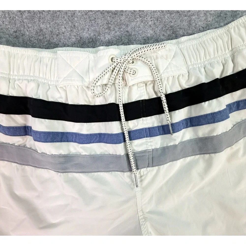 Mens Swim Trunks White UPF 50+ Stripe‎ Elastic Waist Drawstring XXL